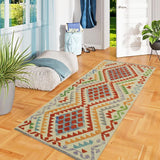 Flat Weave Kilim Antique Navaho Vintage handmade Geometric Kilim Rust Beige Hand-Woven Runner 100% Wool Area Rug 2x7 