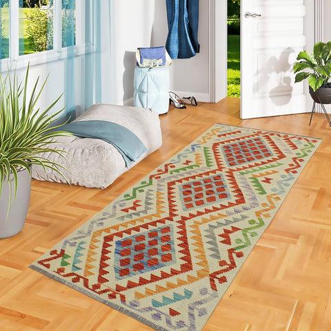 handmade Geometric Kilim Rust Beige Hand-Woven RUNNER 100% WOOL area rug 2' x 7'