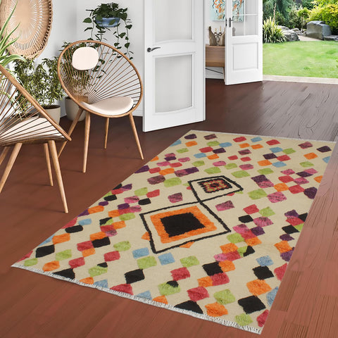 handmade Geometric Moroccan Hi Beige Orange Hand Knotted RECTANGLE 100% WOOL area rug 5' x 8'