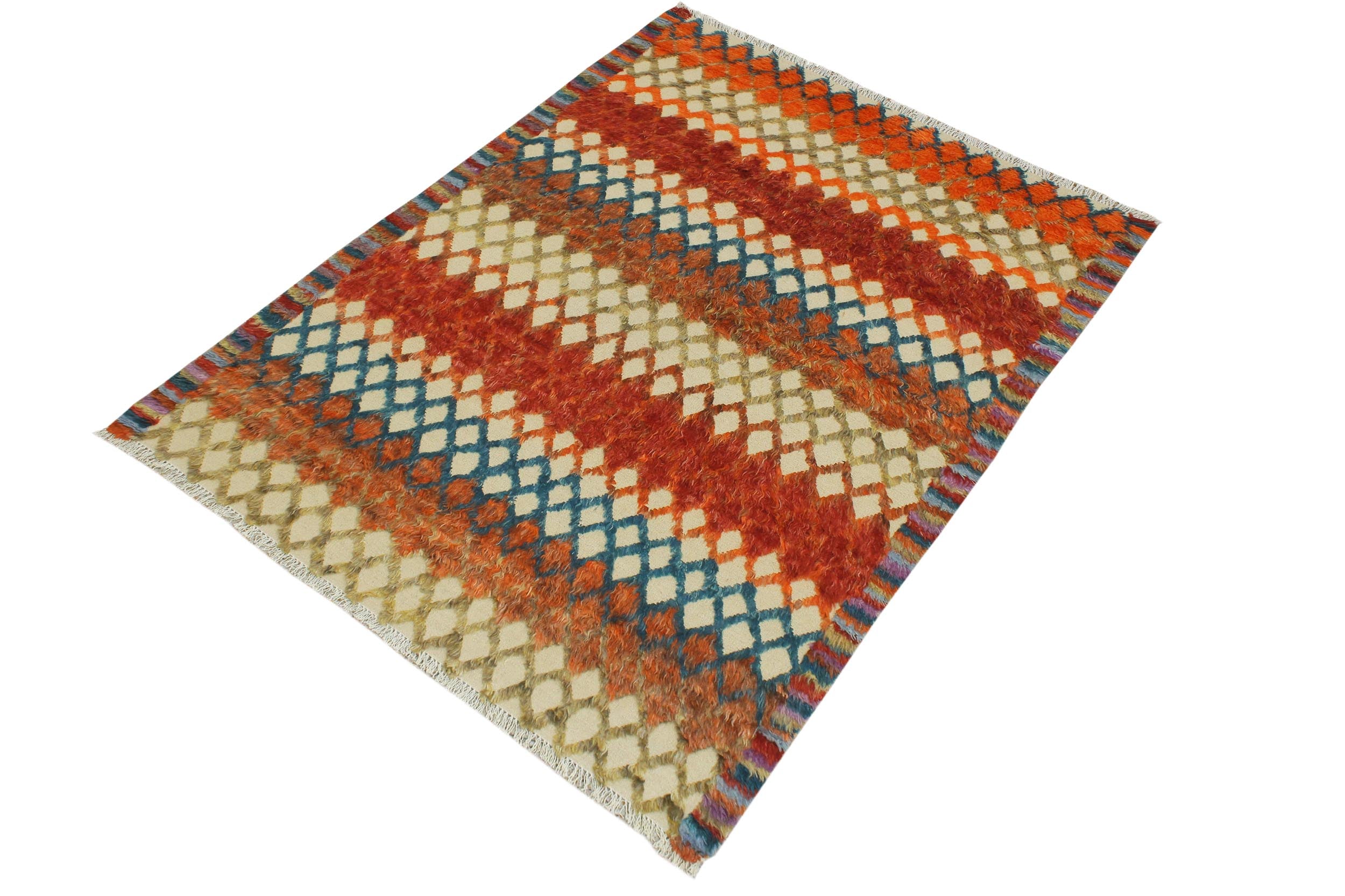 handmade Geometric Moroccan Hi Beige Blue Hand Knotted RECTANGLE 100% WOOL area rug 5' x 8'