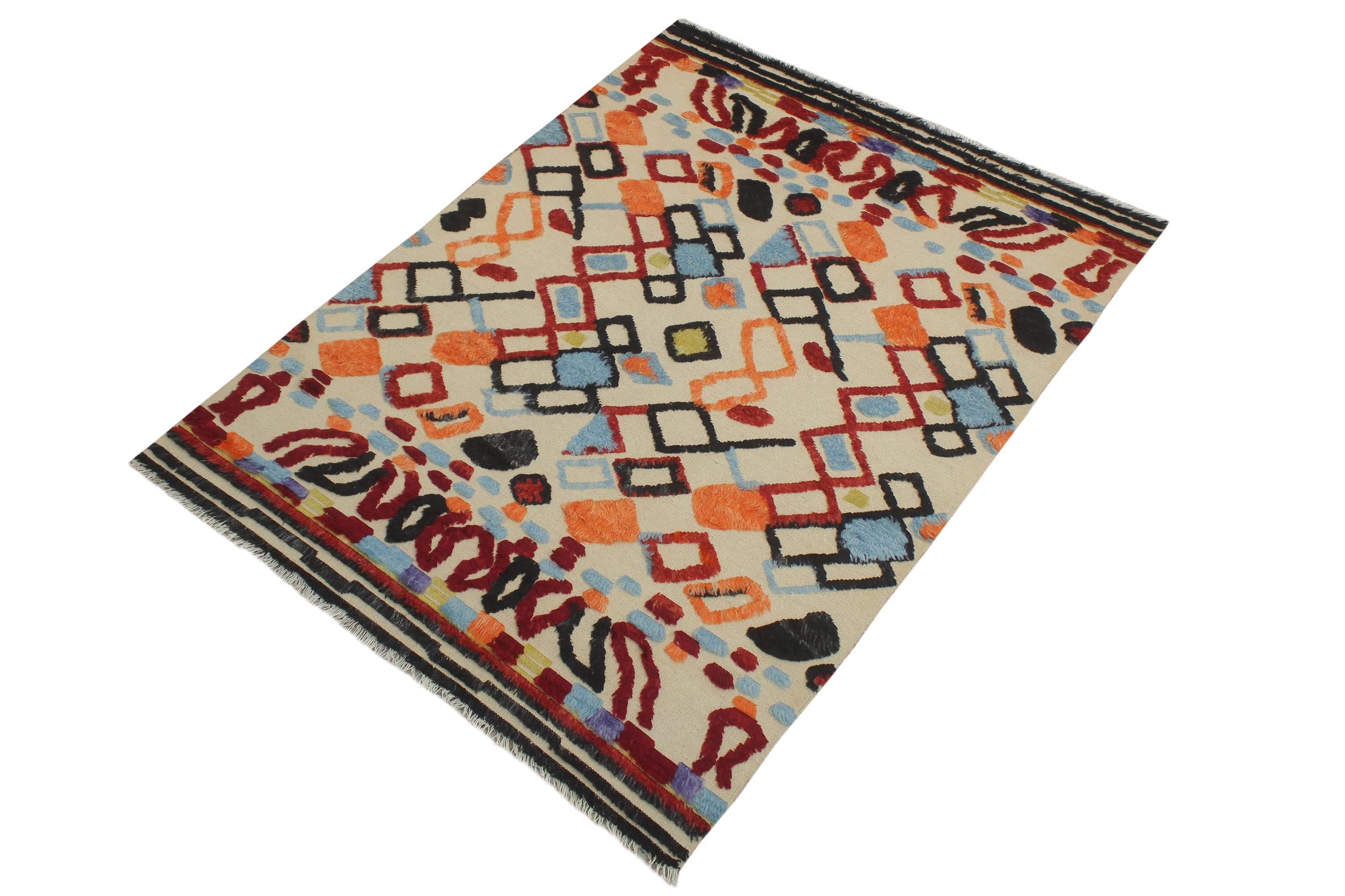 handmade Geometric Moroccan Hi Beige Red Hand Knotted RECTANGLE 100% WOOL area rug 5' x 8'