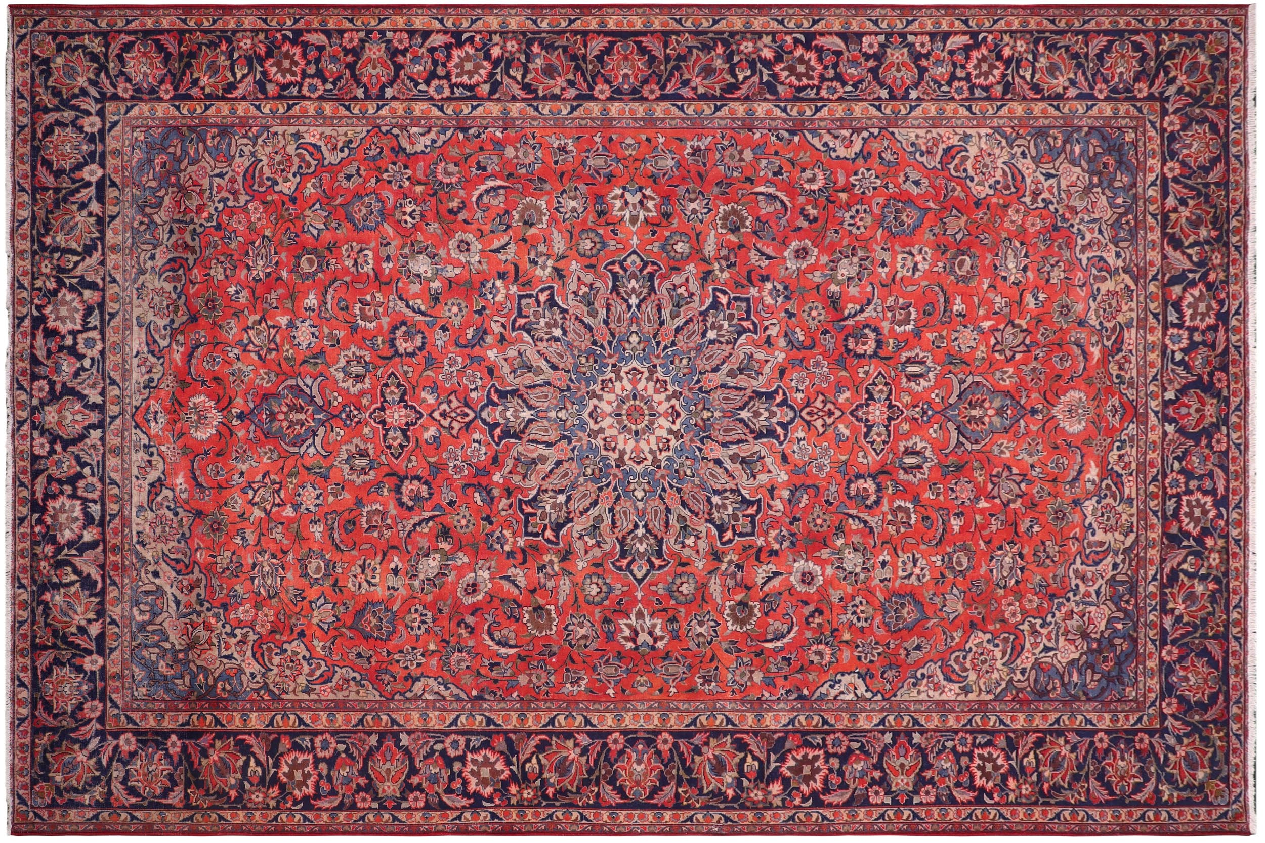 handmade Vintage Kashan Rust Blue Hand-Woven RECTANGLE 100% WOOL area rug 10' x 14'