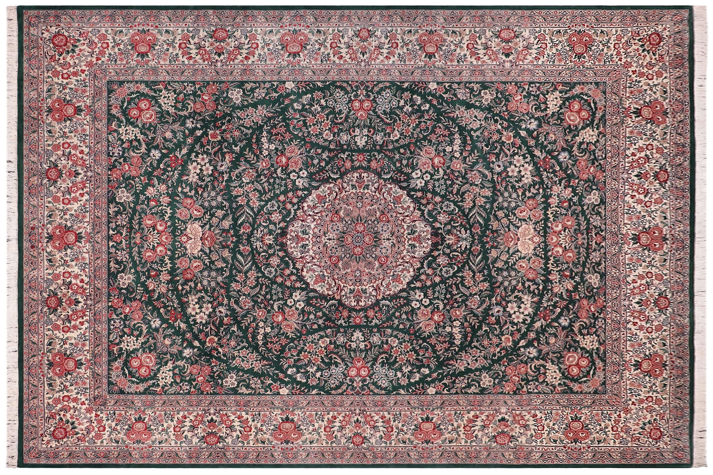handmade Traditional Kashan Green Ivory Hand Knotted RECTANGLE 100% WOOL area rug 9x12