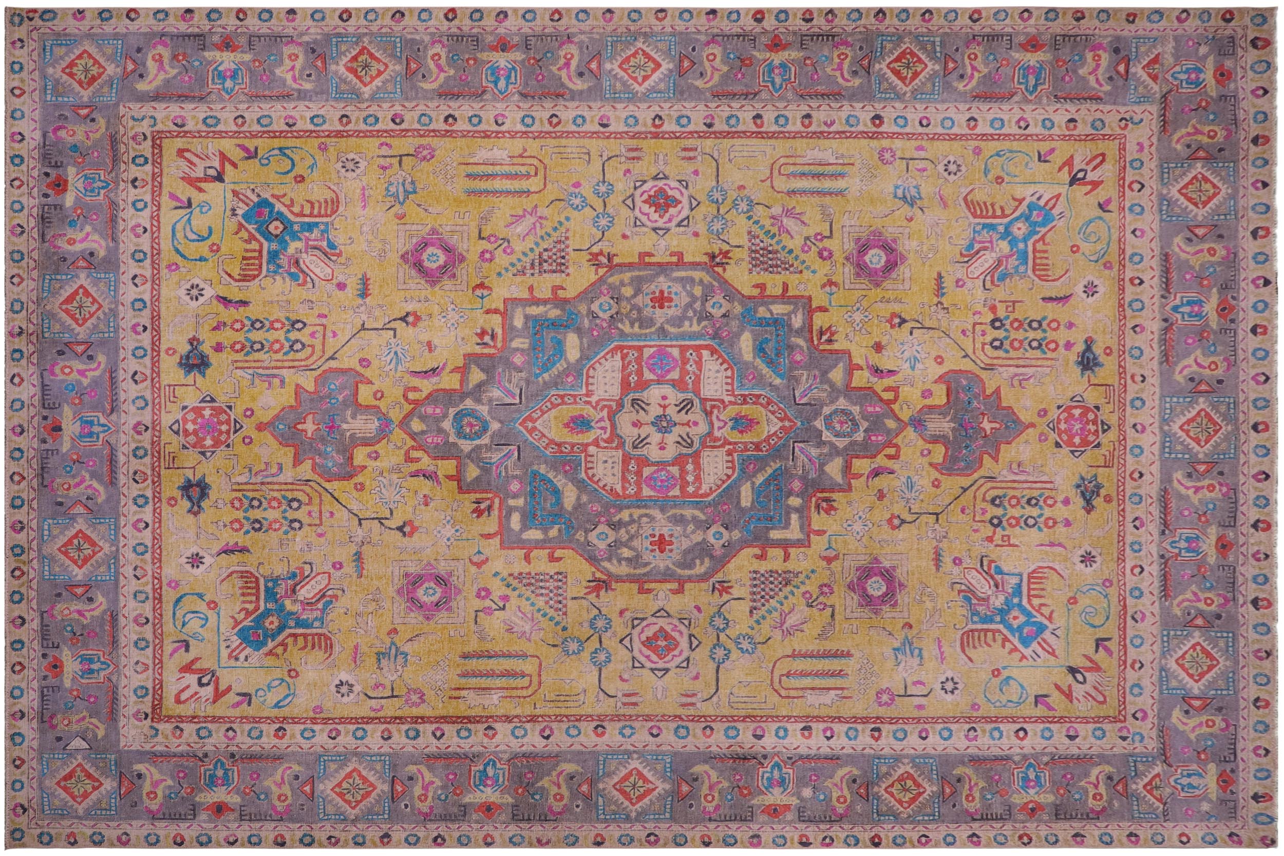 handmade Vintage Tabriz Yellow Gray Hand Knotted RECTANGLE 100% WOOL area rug 9' x 12'