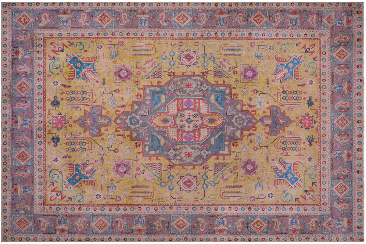 handmade Vintage Tabriz Yellow Gray Hand Knotted RECTANGLE 100% WOOL area rug 9' x 12'