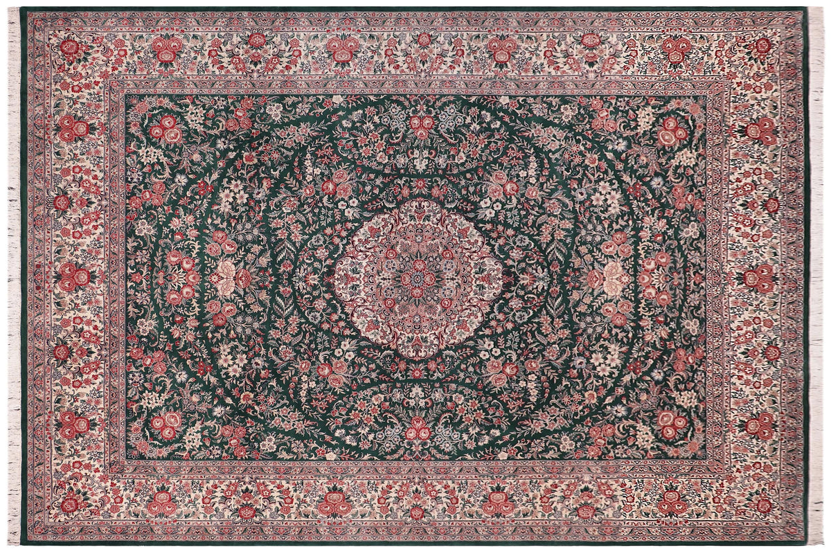 handmade Traditional Kashan Green Ivory Hand Knotted RECTANGLE 100% WOOL area rug 9x12