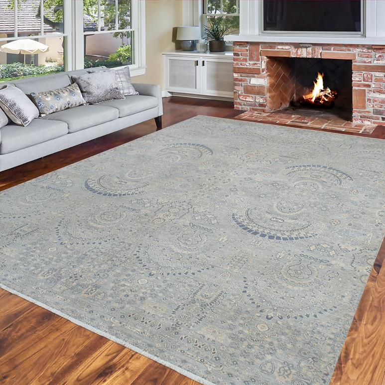 handmade Modern Modern Blue Beige Hand Knotted RECTANGLE 100% WOOL area rug 10X14