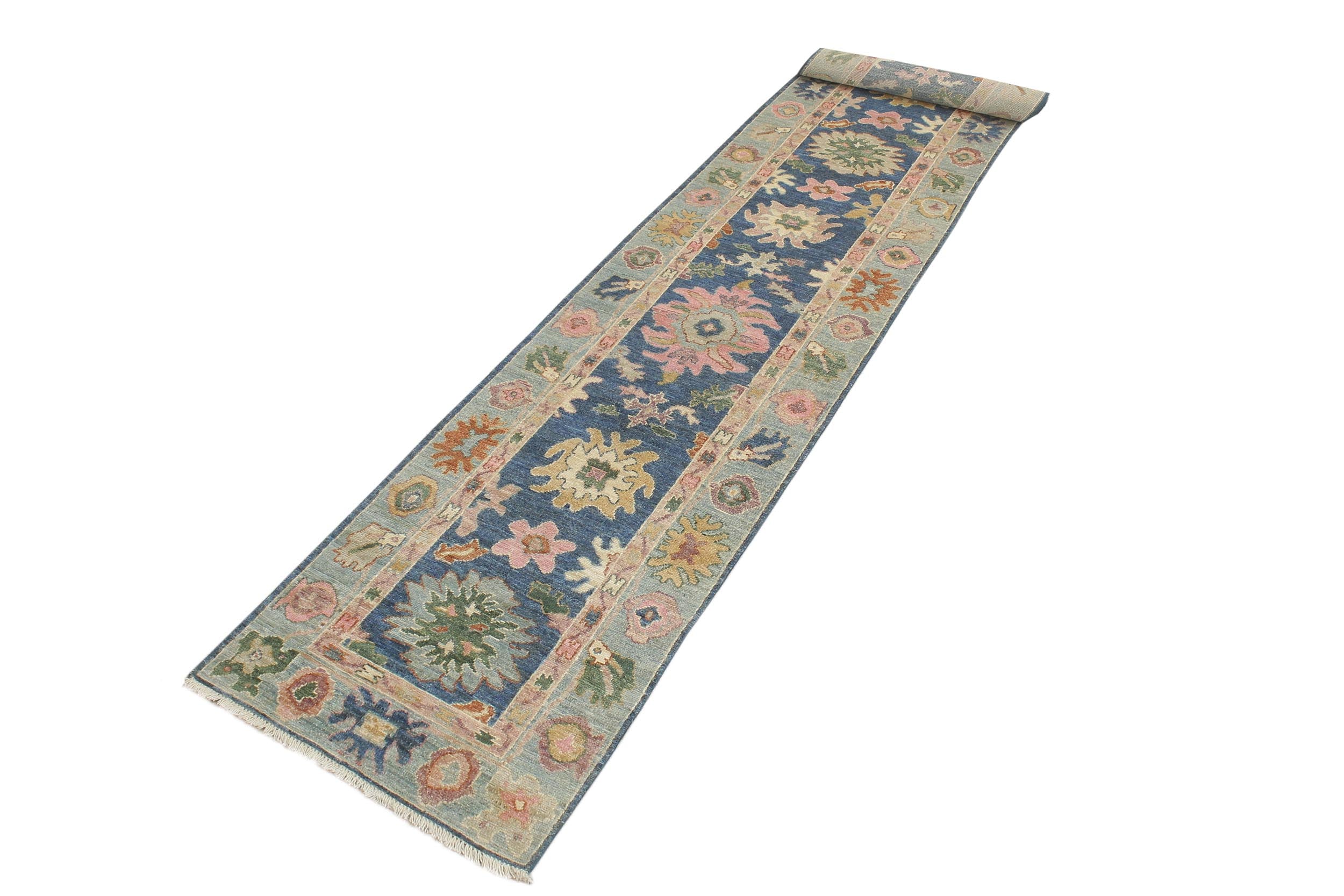 handmade Traditional Oushak Blue Beige Hand Knotted RUNNER 100% WOOL area rug 3' x 19'