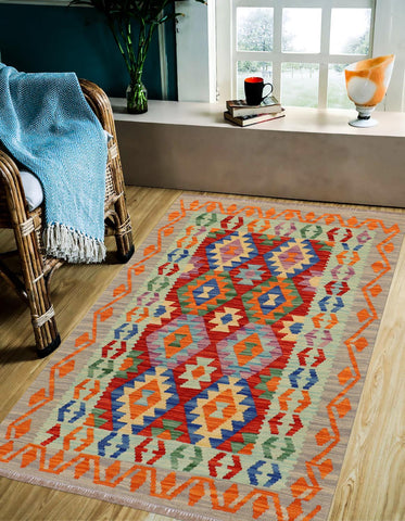 handmade Geometric Kilim Rust Gray Hand-Woven RECTANGLE 100% WOOL area rug 4 x 5
