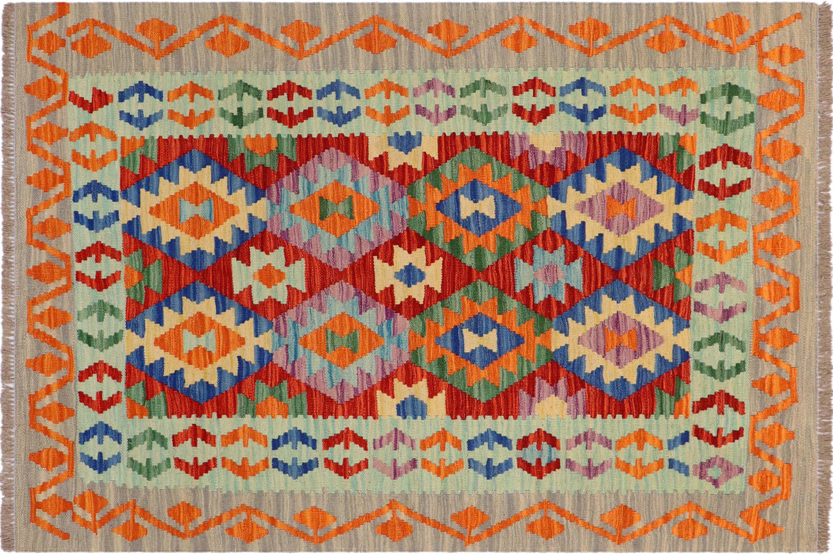 handmade Geometric Kilim Rust Gray Hand-Woven RECTANGLE 100% WOOL area rug 4 x 5