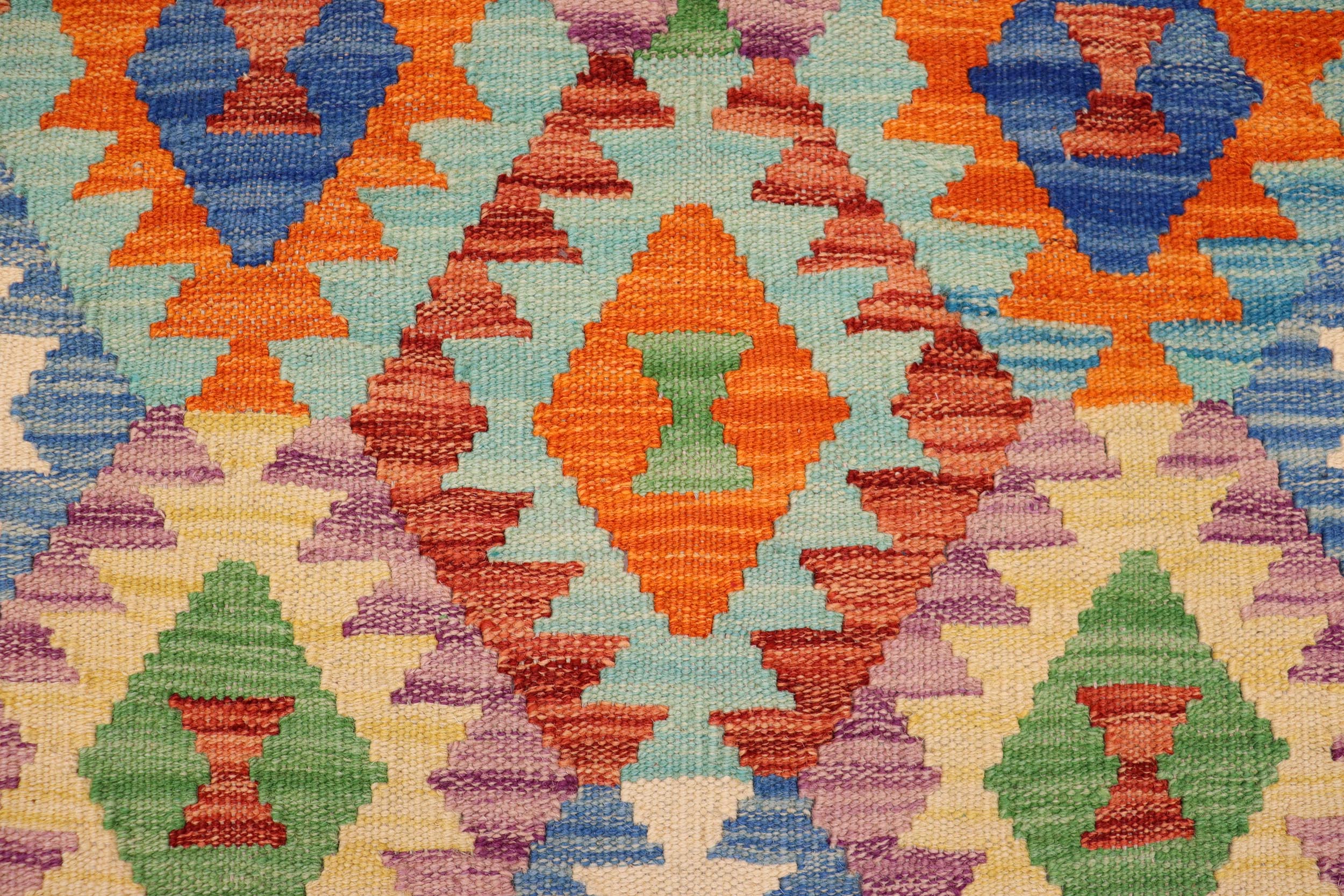 handmade Geometric Kilim Blue Rust Hand-Woven RECTANGLE 100% WOOL area rug 4 x 5