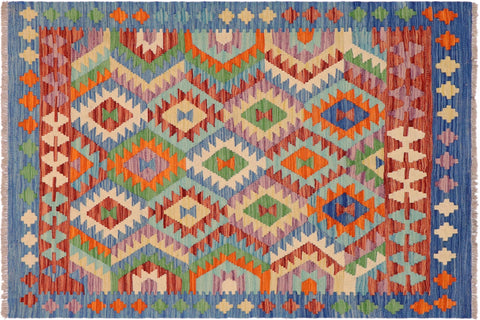 handmade Geometric Kilim Blue Rust Hand-Woven RECTANGLE 100% WOOL area rug 4 x 5