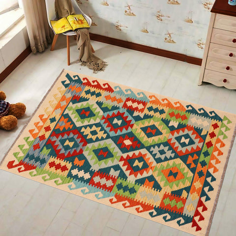 handmade Geometric Kilim Green Rust Hand-Woven RECTANGLE 100% WOOL area rug 3 x 5