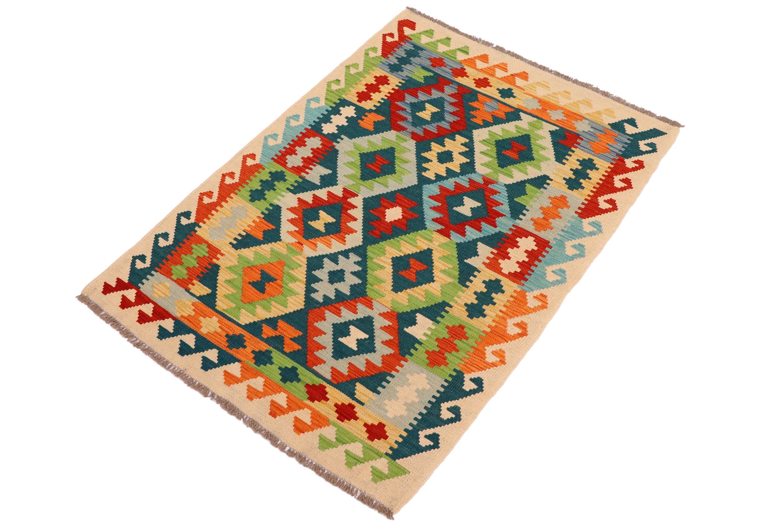 handmade Geometric Kilim Green Rust Hand-Woven RECTANGLE 100% WOOL area rug 3 x 5