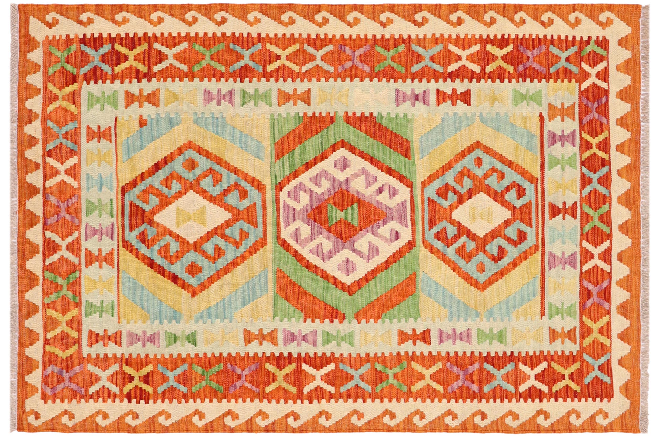 handmade Geometric Kilim Rust Blue Hand-Woven RECTANGLE 100% WOOL area rug 3' x 5'