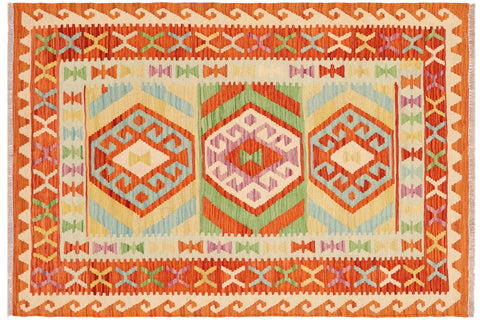 handmade Geometric Kilim Rust Blue Hand-Woven RECTANGLE 100% WOOL area rug 3' x 5'