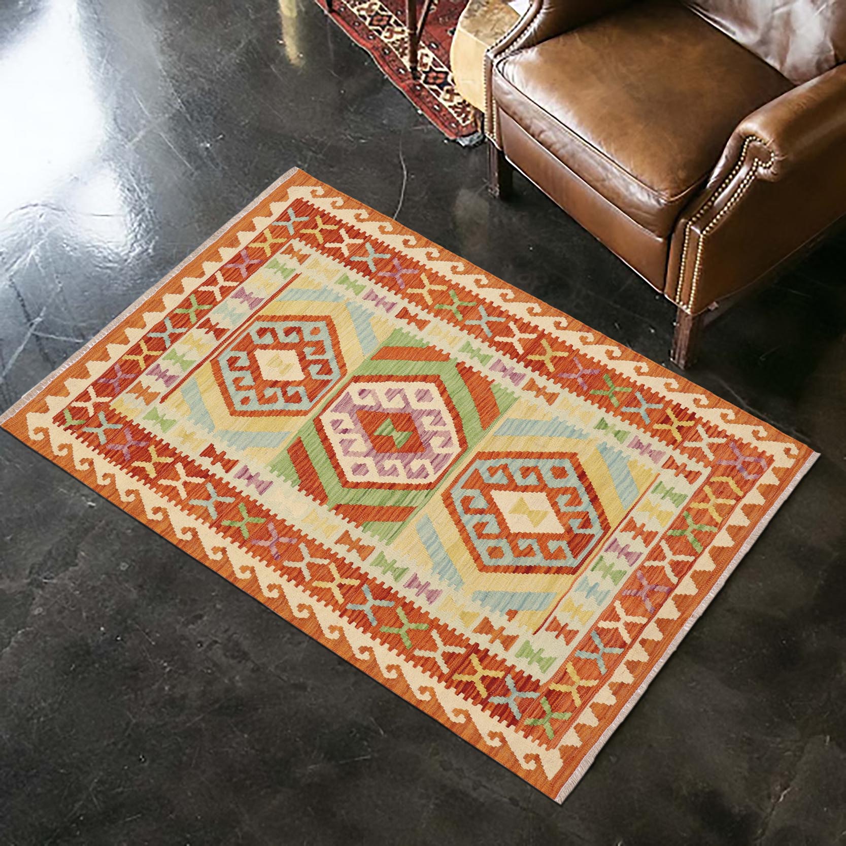 handmade Geometric Kilim Rust Blue Hand-Woven RECTANGLE 100% WOOL area rug 3' x 5'
