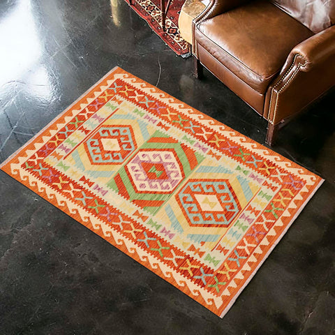 handmade Geometric Kilim Rust Blue Hand-Woven RECTANGLE 100% WOOL area rug 3' x 5'