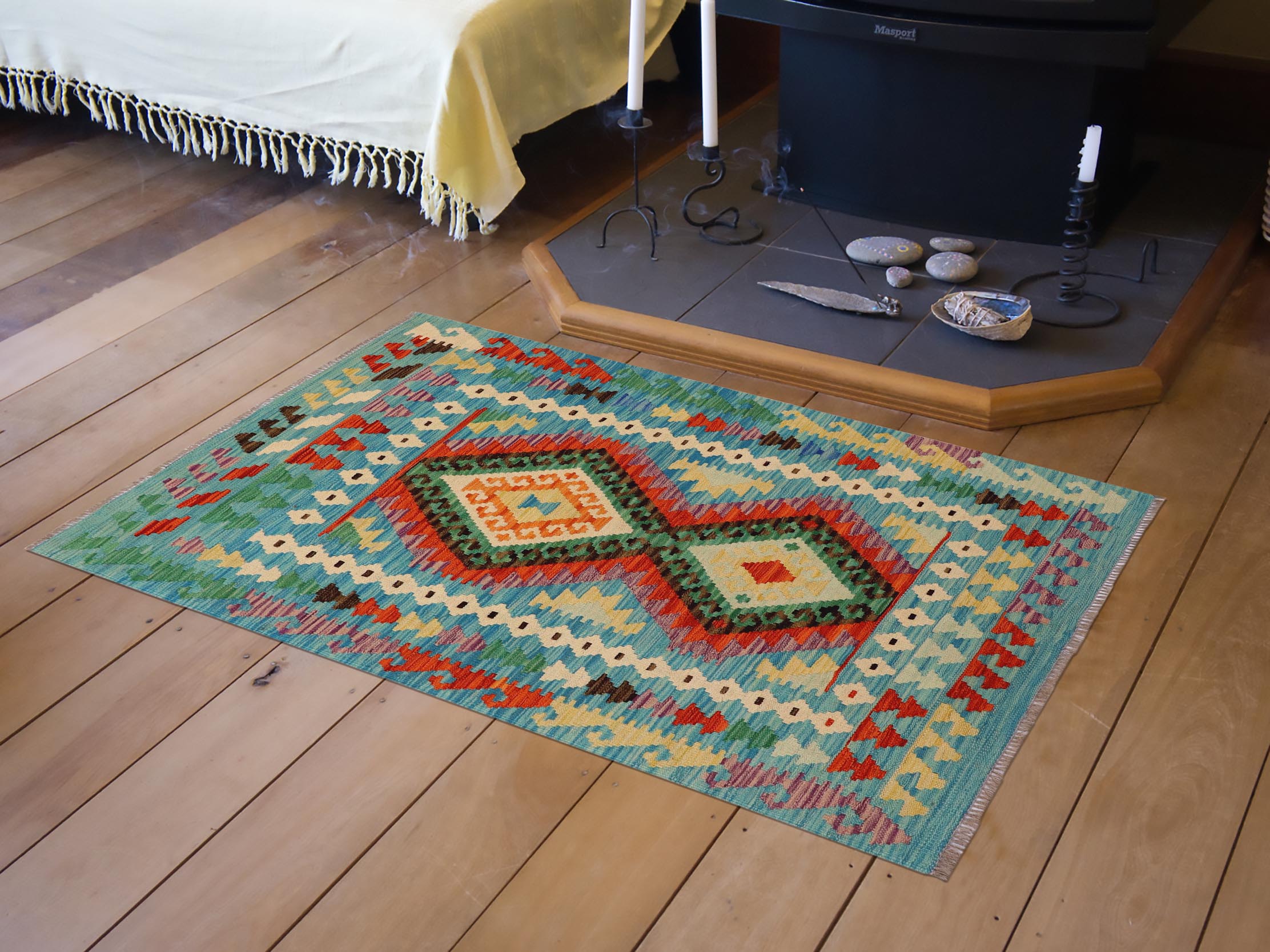 handmade Geometric Kilim Rust Blue Hand-Woven RECTANGLE 100% WOOL area rug 3' x 5'
