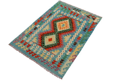 handmade Geometric Kilim Rust Blue Hand-Woven RECTANGLE 100% WOOL area rug 3' x 5'