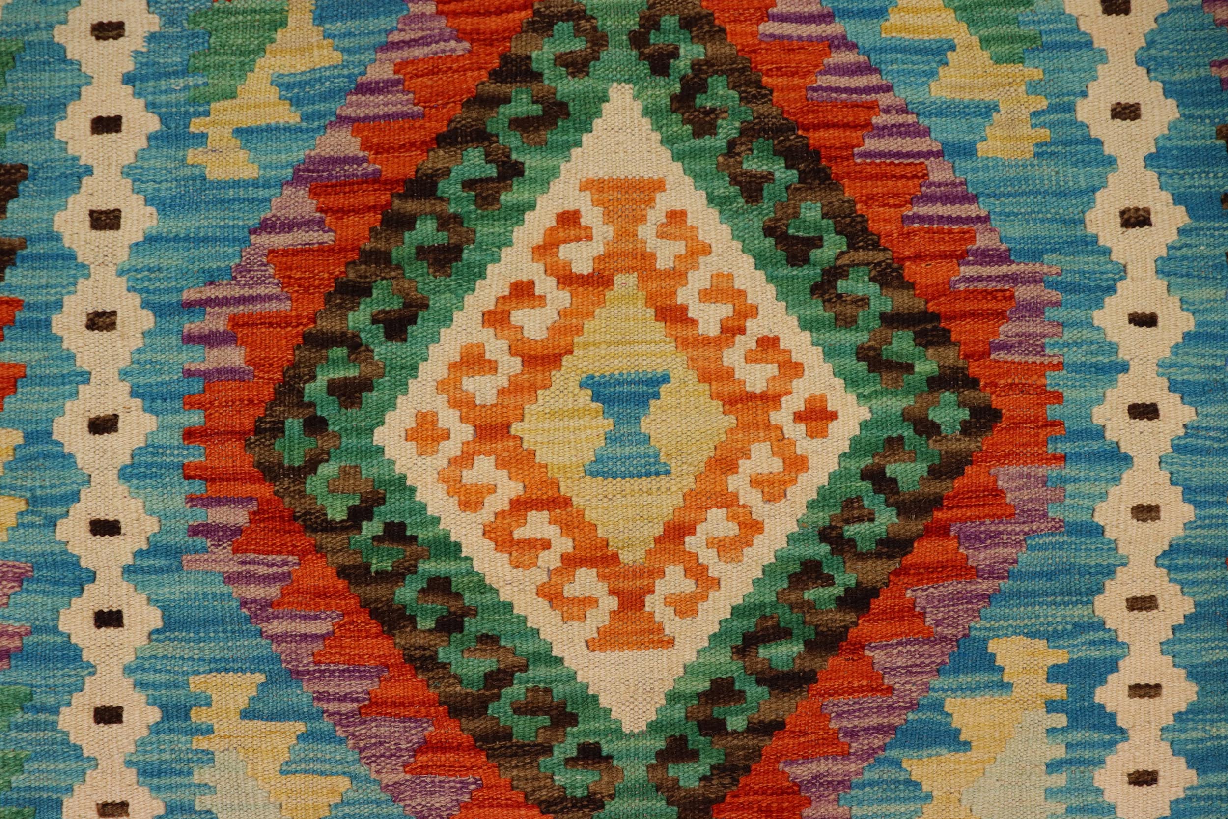 handmade Geometric Kilim Rust Blue Hand-Woven RECTANGLE 100% WOOL area rug 3' x 5'