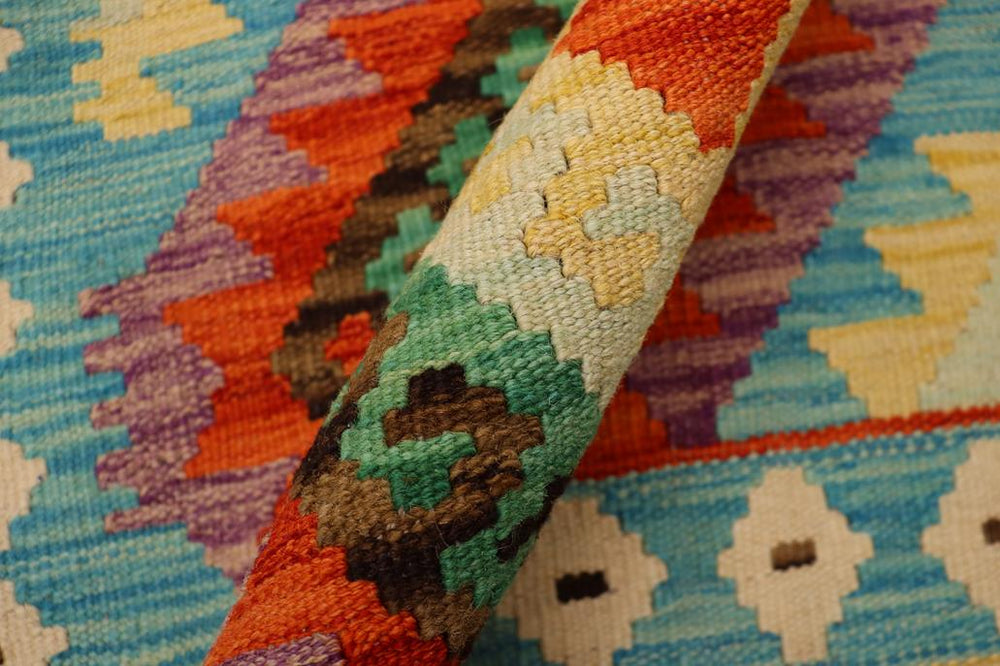 Flat Weave Kilim Antique Navaho Vintage handmade Geometric Kilim Rust Blue Hand-Woven Rectangle 100% Wool Area Rug 3x5 