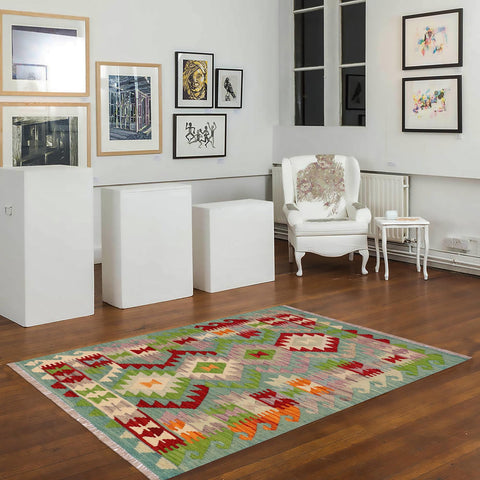 handmade Geometric Kilim Blue Red Hand-Woven RECTANGLE 100% WOOL area rug 3' x 4'