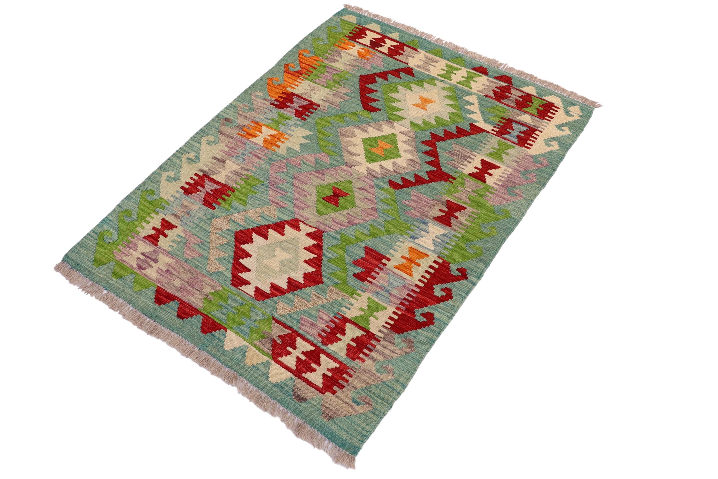 handmade Geometric Kilim Blue Red Hand-Woven RECTANGLE 100% WOOL area rug 3' x 4'