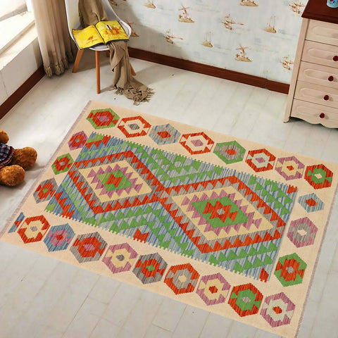 handmade Geometric Kilim Rust Beige Hand-Woven RECTANGLE 100% WOOL area rug 3' x 5'