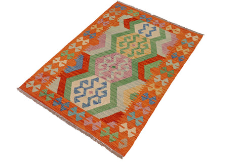 handmade Geometric Kilim Rust Blue Hand-Woven RECTANGLE 100% WOOL area rug 3' x 5'