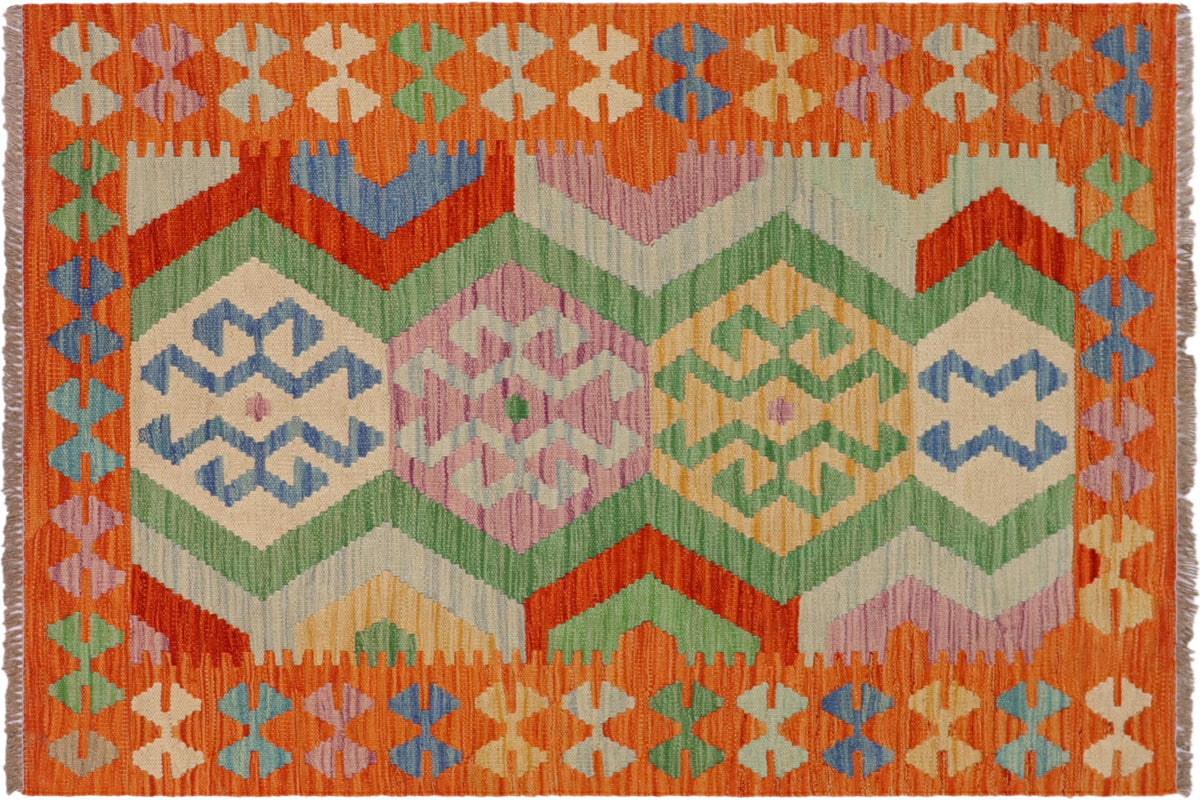 handmade Geometric Kilim Rust Blue Hand-Woven RECTANGLE 100% WOOL area rug 3' x 5'