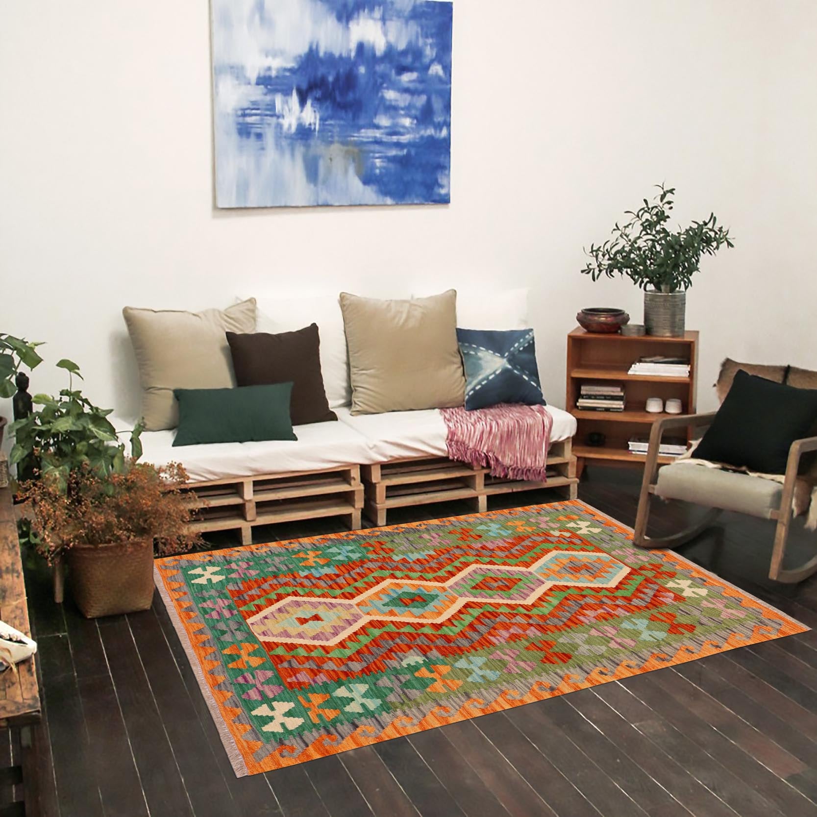 handmade Geometric Kilim Rust Green Hand-Woven RECTANGLE 100% WOOL area rug 4' x 5'