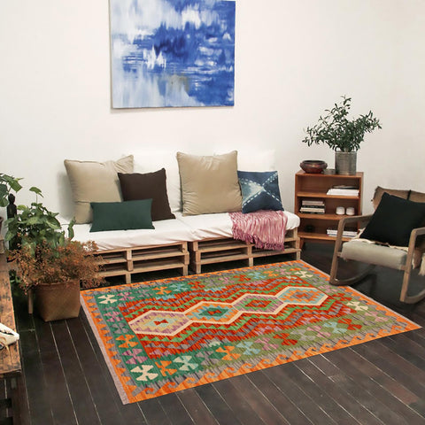 handmade Geometric Kilim Rust Green Hand-Woven RECTANGLE 100% WOOL area rug 4' x 5'