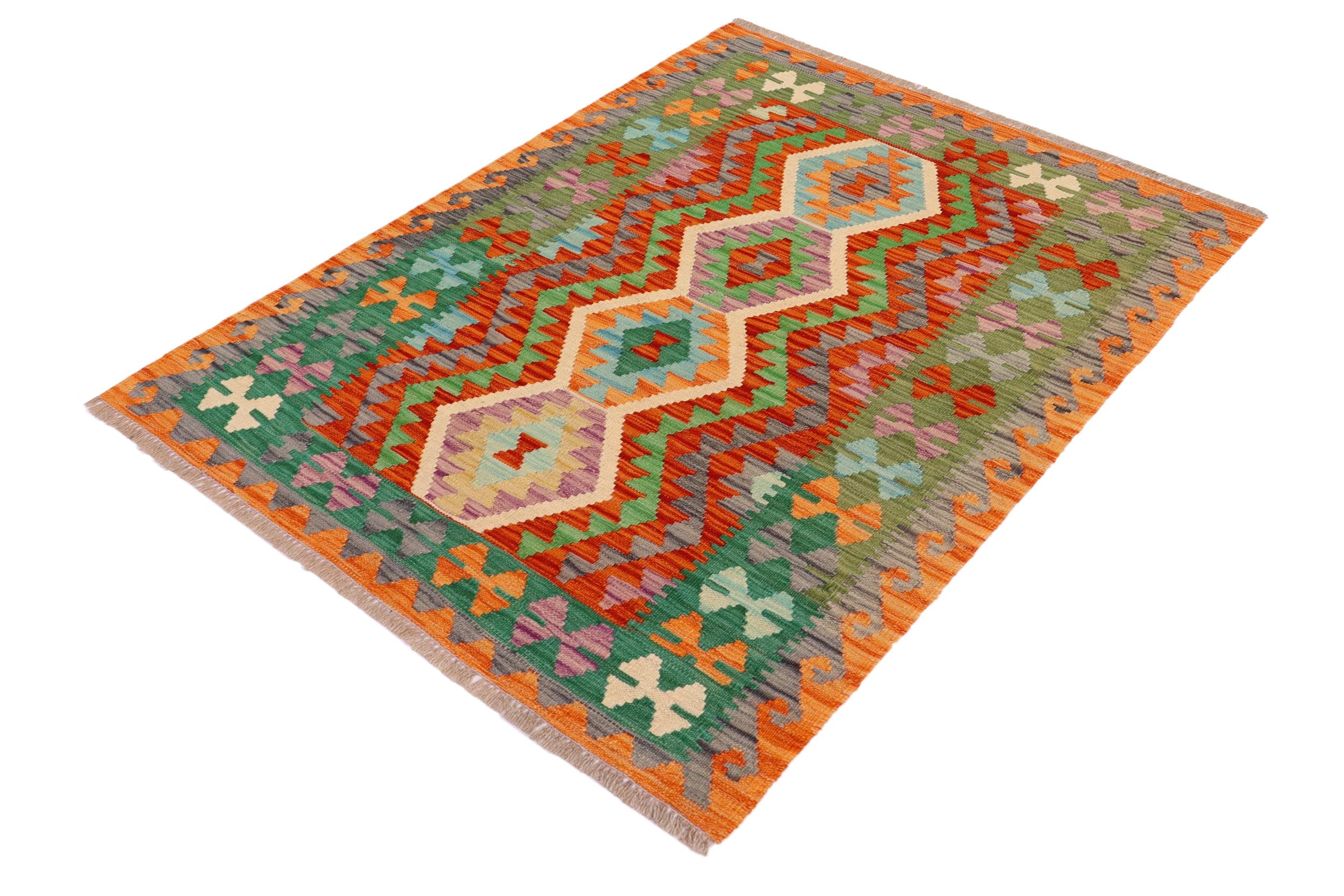 handmade Geometric Kilim Rust Green Hand-Woven RECTANGLE 100% WOOL area rug 4' x 5'