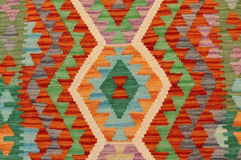 handmade Geometric Kilim Rust Green Hand-Woven RECTANGLE 100% WOOL area rug 4' x 5'