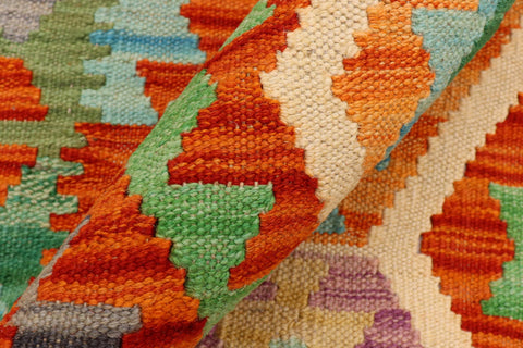 handmade Geometric Kilim Rust Green Hand-Woven RECTANGLE 100% WOOL area rug 4' x 5'