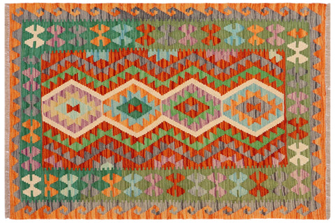 handmade Geometric Kilim Rust Green Hand-Woven RECTANGLE 100% WOOL area rug 4' x 5'