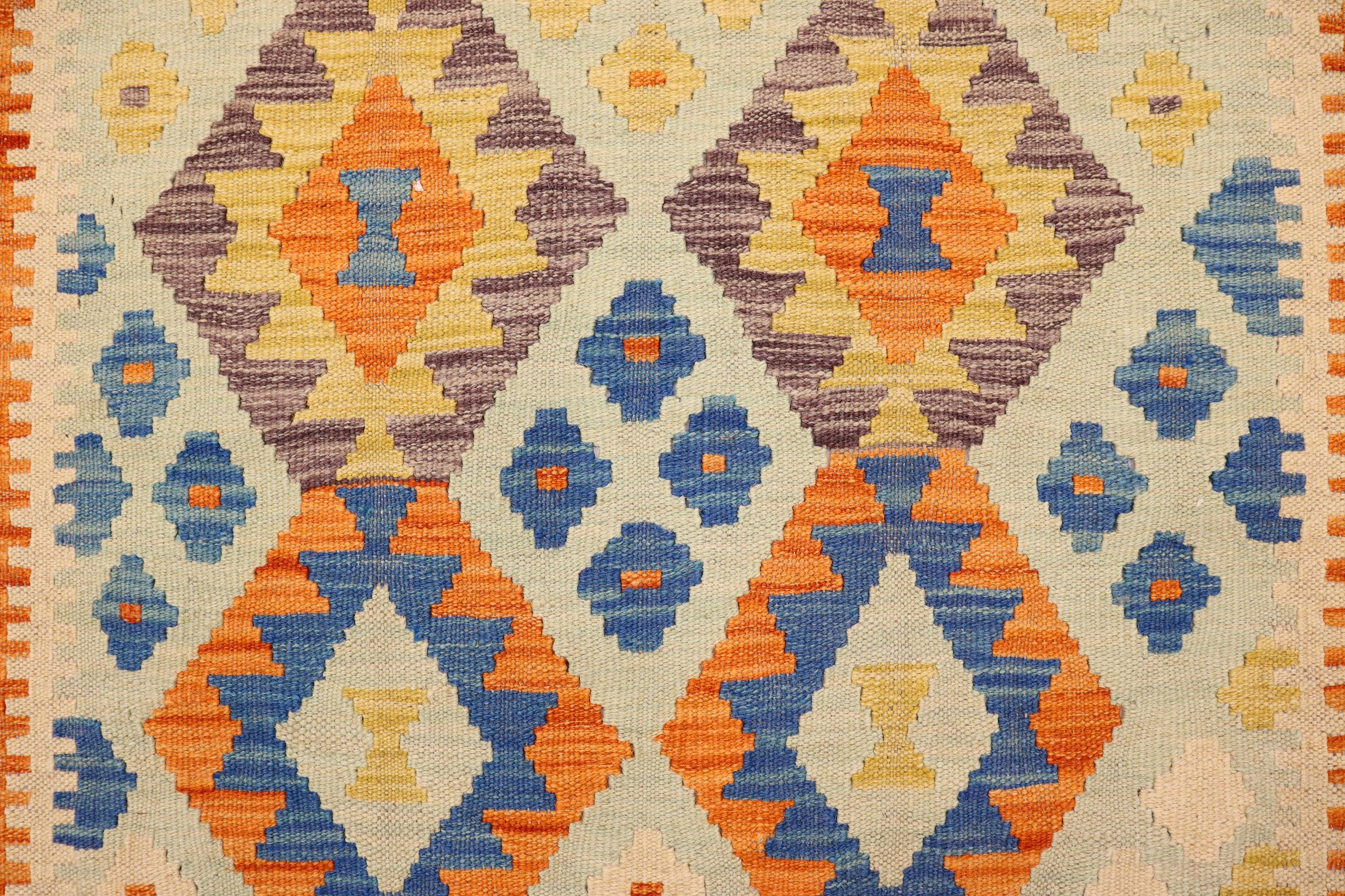 handmade Geometric Kilim Blue Orange Hand-Woven RECTANGLE 100% WOOL area rug 4 x 5