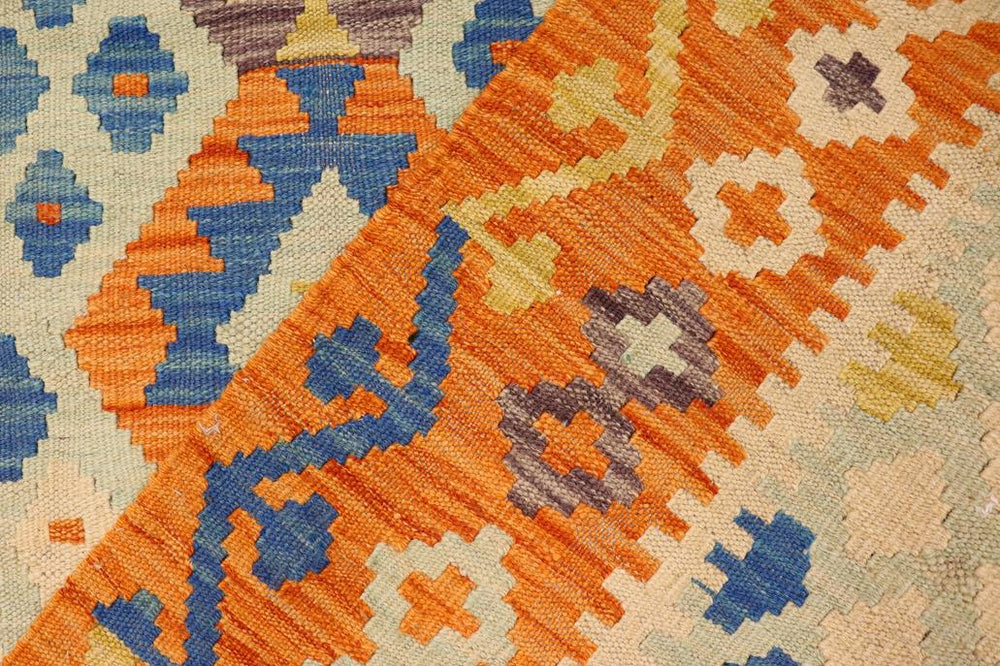 Flat Weave Kilim Antique Navaho Vintage handmade Geometric Kilim Blue Orange Hand-Woven Rectangle 100% Wool Area Rug 4x5 