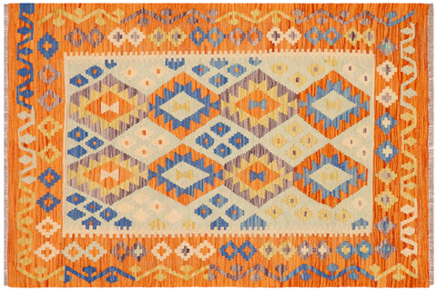 handmade Geometric Kilim Blue Orange Hand-Woven RECTANGLE 100% WOOL area rug 4 x 5