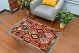 Flat Weave Kilim Antique Navaho Vintage handmade Geometric Kilim Rust Blue Hand-Woven Rectangle 100% Wool Area Rug 3x5 