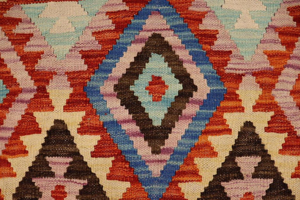 Flat Weave Kilim Antique Navaho Vintage handmade Geometric Kilim Rust Blue Hand-Woven Rectangle 100% Wool Area Rug 3x5 