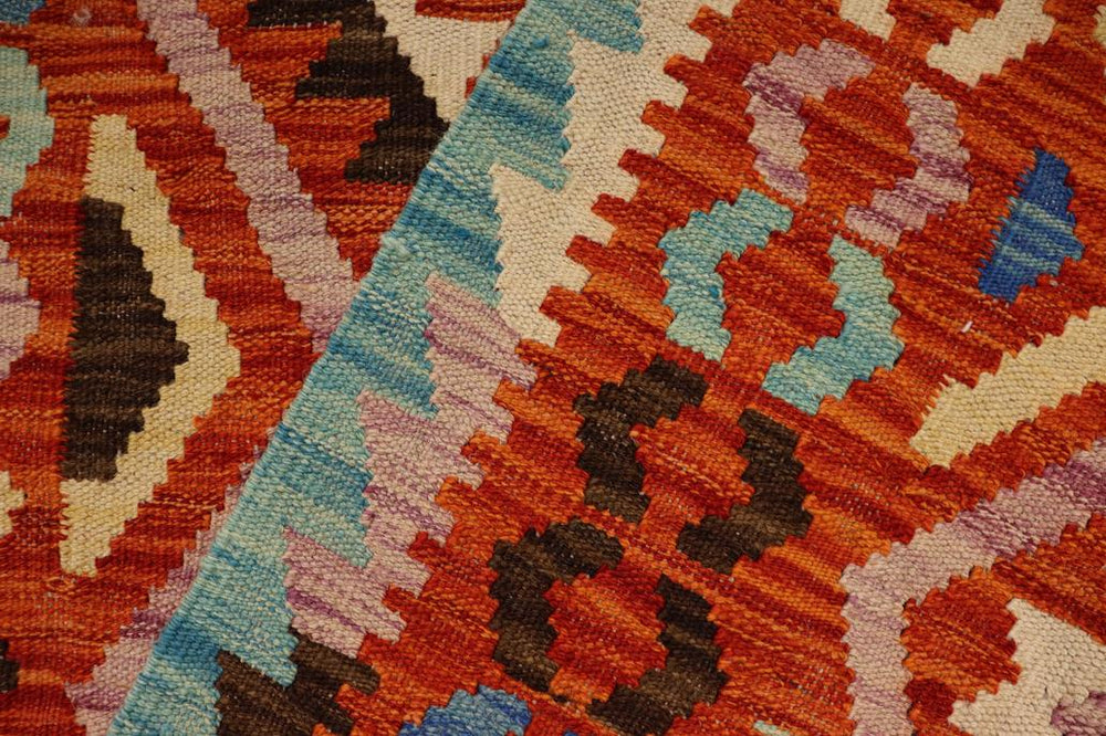 Flat Weave Kilim Antique Navaho Vintage handmade Geometric Kilim Rust Blue Hand-Woven Rectangle 100% Wool Area Rug 3x5 