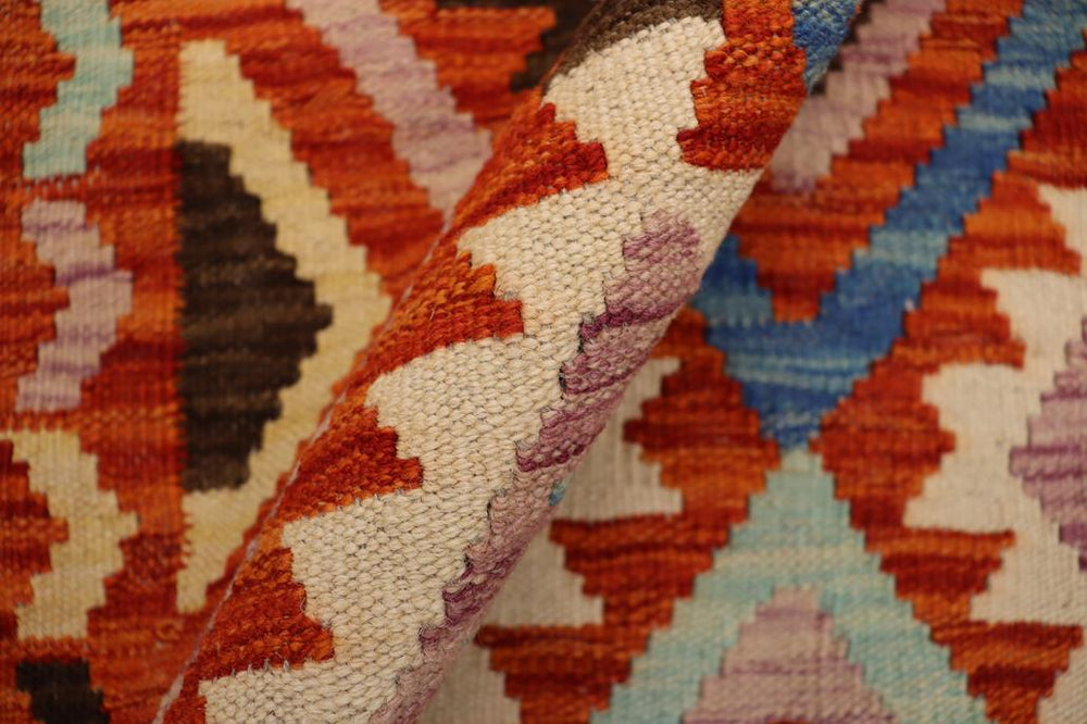 Flat Weave Kilim Antique Navaho Vintage handmade Geometric Kilim Rust Blue Hand-Woven Rectangle 100% Wool Area Rug 3x5 