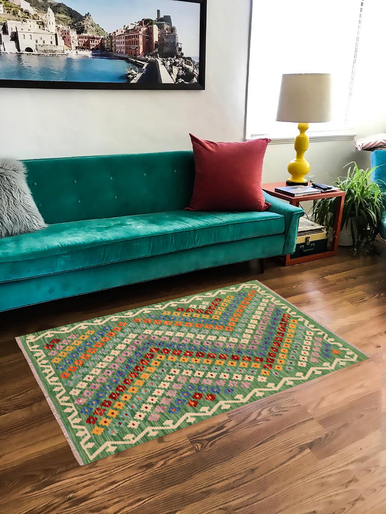 handmade Modern Kilim Green Rust Hand-Woven RECTANGLE 100% WOOL area rug 4x5