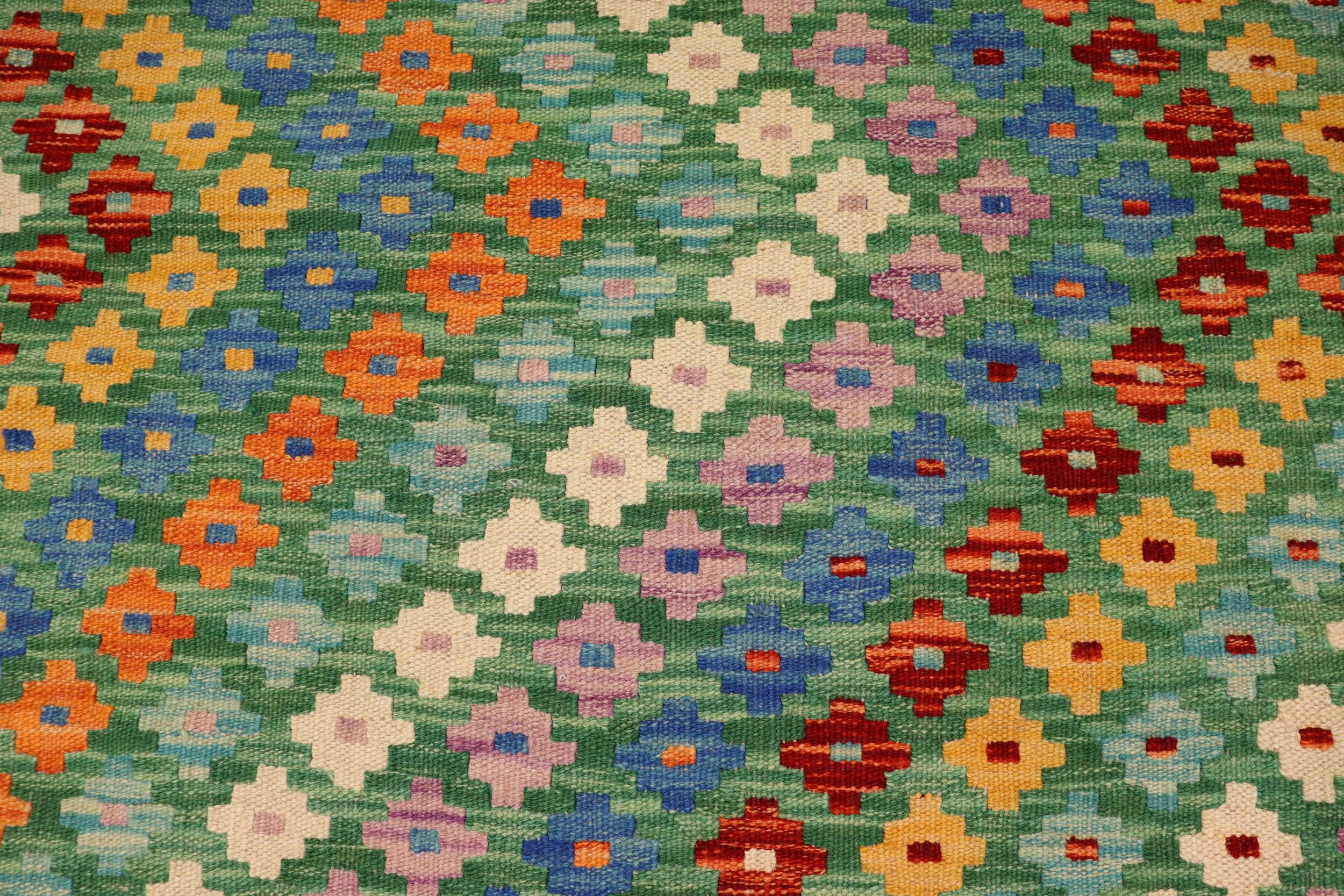 handmade Modern Kilim Green Rust Hand-Woven RECTANGLE 100% WOOL area rug 4x5