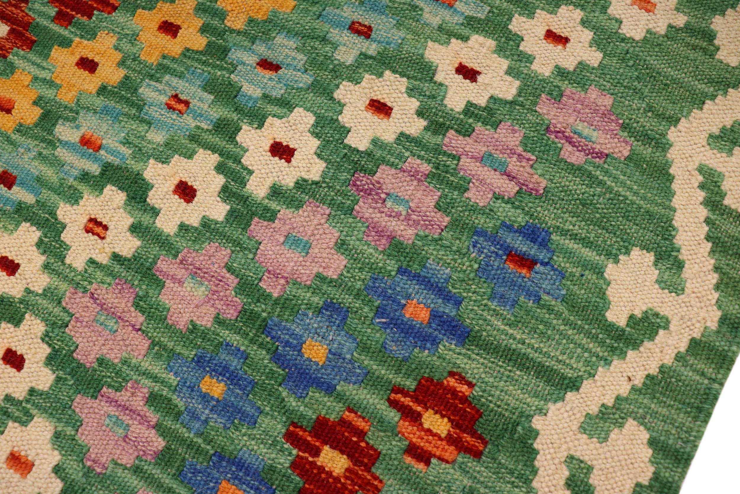 handmade Modern Kilim Green Rust Hand-Woven RECTANGLE 100% WOOL area rug 4x5