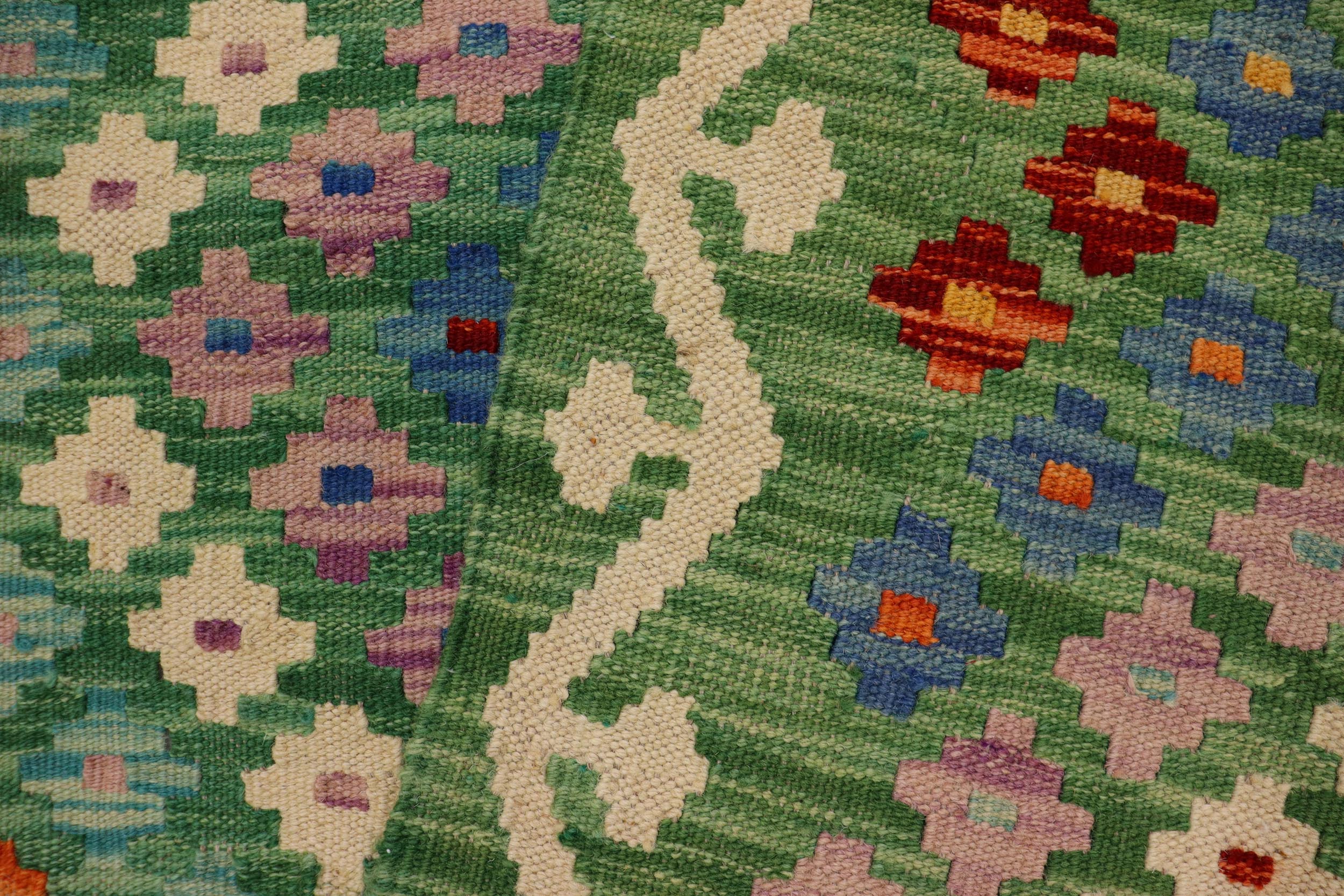 handmade Modern Kilim Green Rust Hand-Woven RECTANGLE 100% WOOL area rug 4x5
