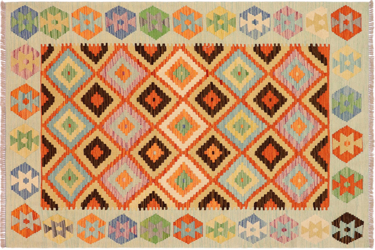 handmade Geometric Kilim Rust Blue Hand-Woven RECTANGLE 100% WOOL area rug 4 x 6