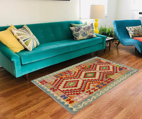 handmade Geometric Kilim Rust Blue Hand-Woven RECTANGLE 100% WOOL area rug 4' x 6'